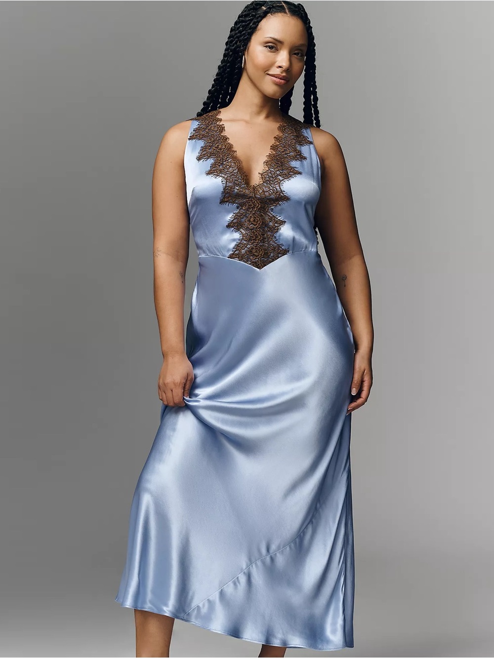 Anthropologie Light Blue Satin Midi Dress with Brown Lace Trim